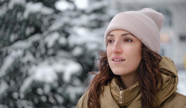 Mulher feliz pegando flocos de neve na cidade no inverno