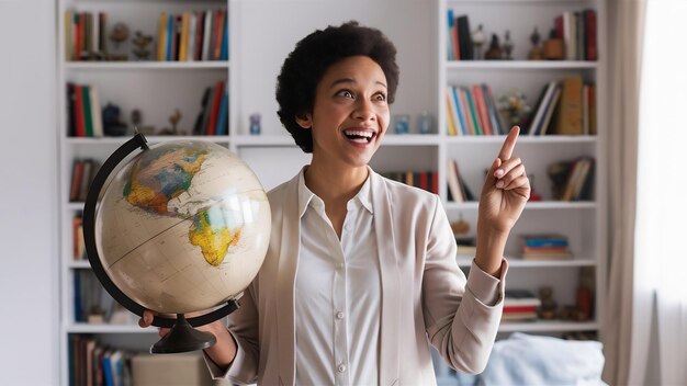 Foto mulher feliz posando com globo e lupa enquanto aponta para uma foto de alta qualidade