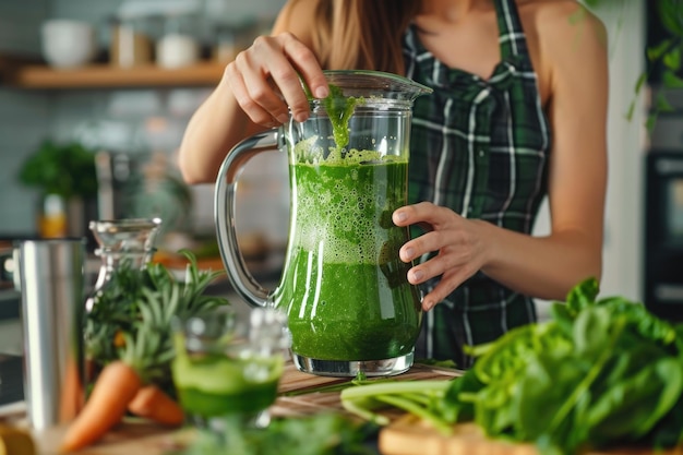 Mulher feliz preparando um smoothie verde saudável em sua cozinha