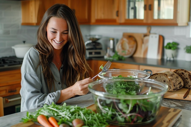 Mulher feliz preparando uma salada verde nutritiva em sua cozinha