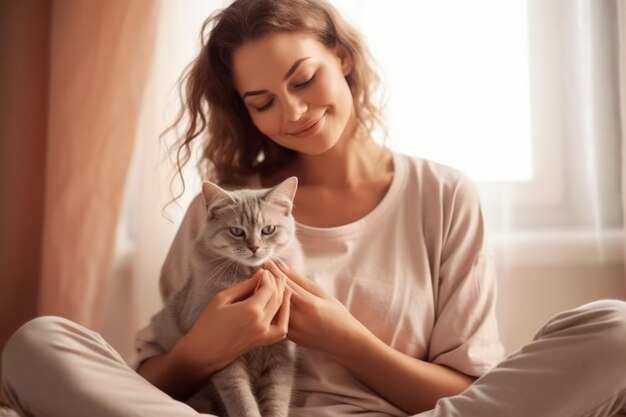 mulher feliz relaxando e cuidando com gatinho em casa Dia internacional do gato