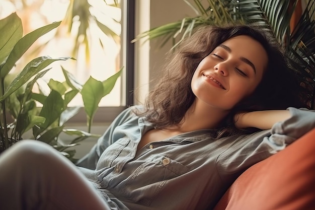 Mulher feliz relaxando no sofá em casa Menina sorridente aproveitando o dia de folga deitada no sofá Saudável