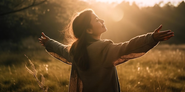 Foto mulher feliz respirando à luz do sol com as mãos para a vista lateral da parte traseira generativa ai