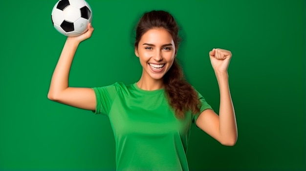 mulher feliz segurando futebol