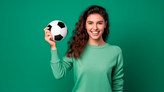 mulher feliz segurando futebol