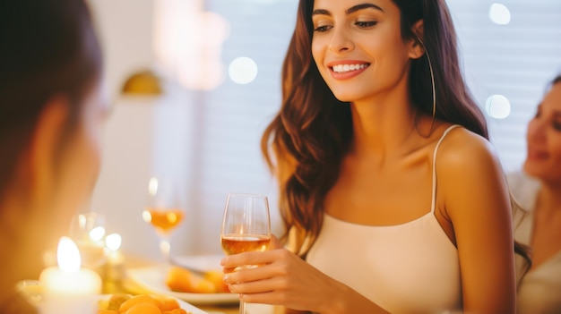 Mulher feliz segurando um copo de vinho