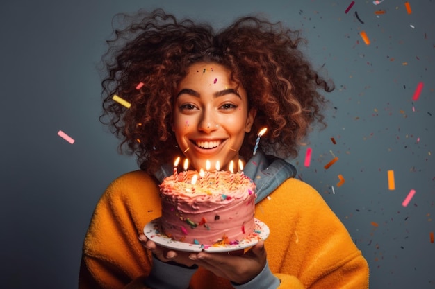 mulher feliz segurando um grande bolo de aniversário com velas com confete sorrindo