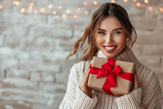 Mulher feliz segurando um presente com decorações de coração geradas com IA