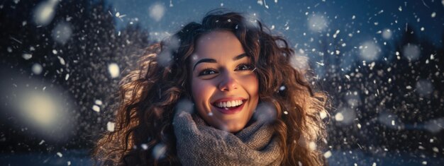 Mulher feliz sorri na nevasca lá fora.