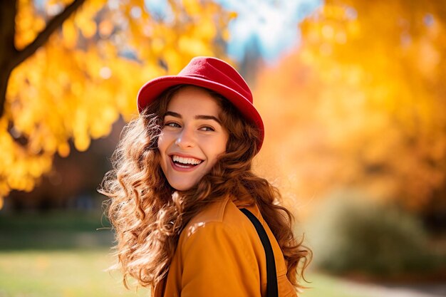 Mulher feliz sorridente olhando para trás em um dia de outono