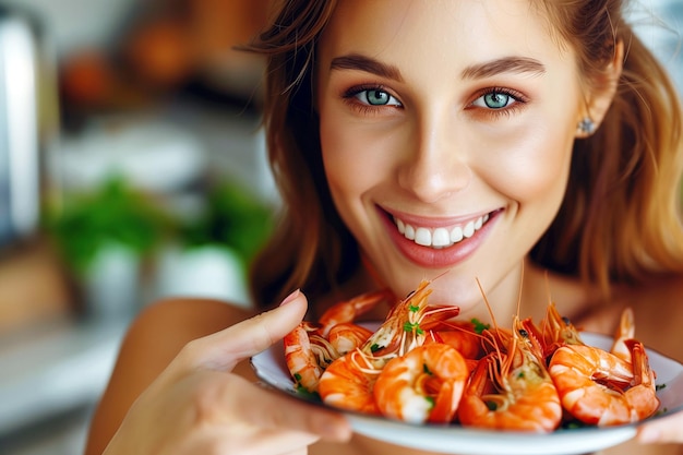 Mulher feliz sorrindo saboreando camarão cozido em casa