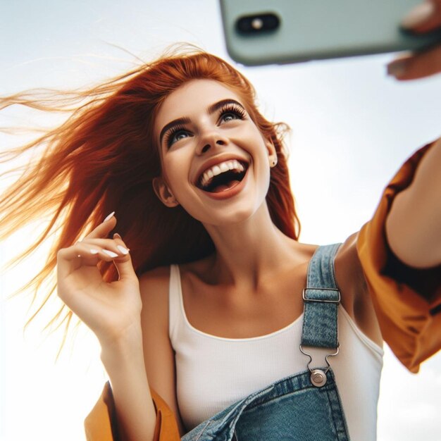 Mulher feliz tirando uma selfie com o céu ao fundo