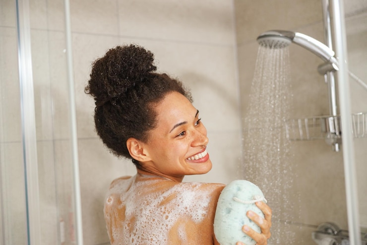 Foto mulher feliz tomando banho lavando as costas com uma esponja na casa de banho