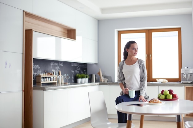 Mulher feliz tomando chá na cozinha de casa