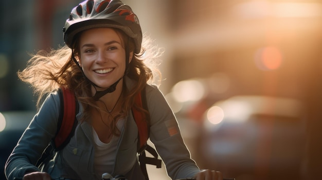 Mulher feliz usando capacete de bicicleta