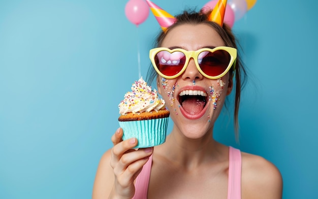Mulher feliz usando óculos de novidade segurando cupcake Celebração de aniversário