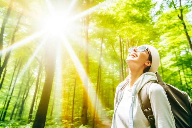 Mulher feliz vestindo roupas esportivas caminhando na floresta de verão Esporte saúde conceito de vida saudável