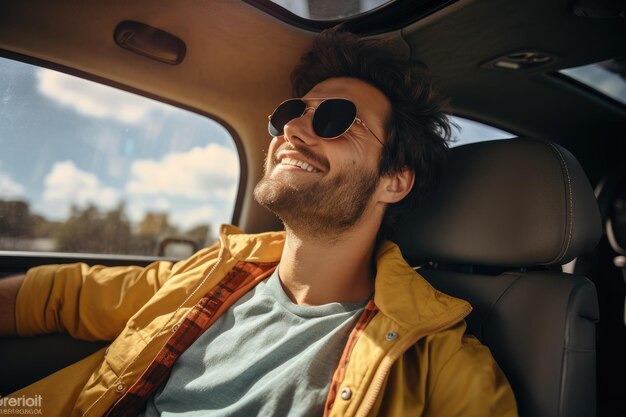 Mulher feliz viaja no verão de carro nas férias IA generativa