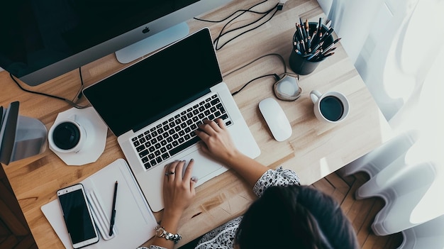 mulher felizmente sentada em uma mesa digitando em sua