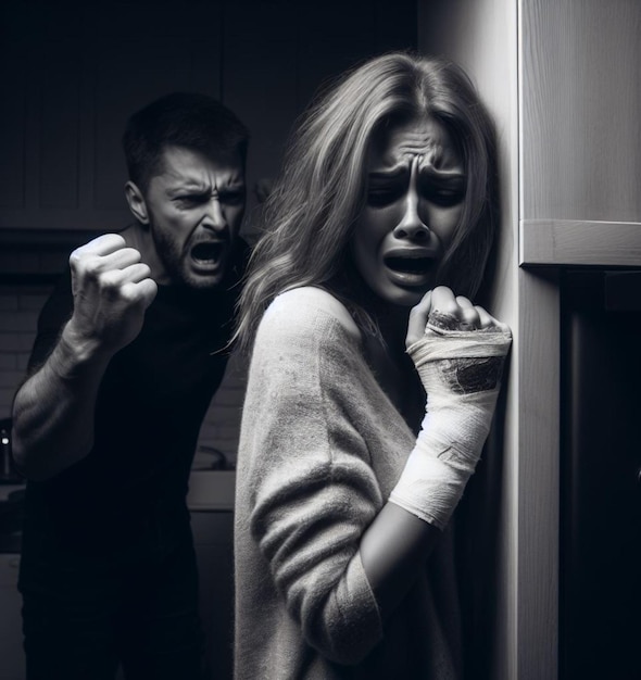 Foto mulher ferida esconder como fora de controle violento homem gritar golpe abuso conceito de cena de violência doméstica