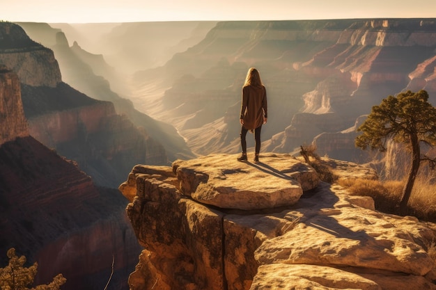 Mulher fica no topo da montanha Grand Canyon National Park EUA Generative AI