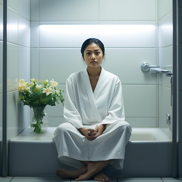 Foto mulher filipina em roupão de banho branco sentada