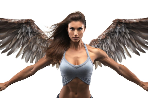 Foto mulher fitness com asas em um fundo branco