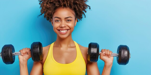 Mulher flexionando músculos com halteres