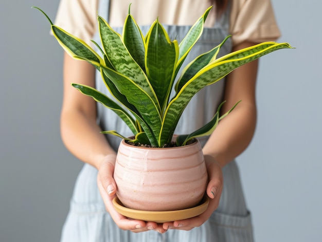 Mulher florista irreconhecível segurando um pote com planta de sansevieria