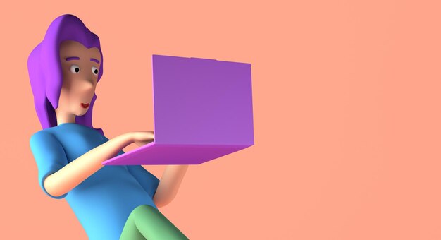 Foto mulher flutuante trabalhando com um laptop freelance copy space 3d illustration cartoon