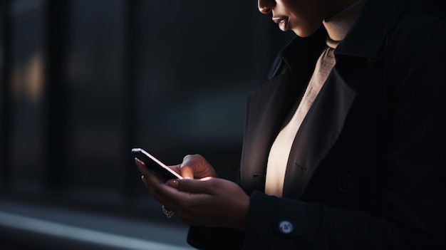 Mulher focada verificando seu telefone IA generativa