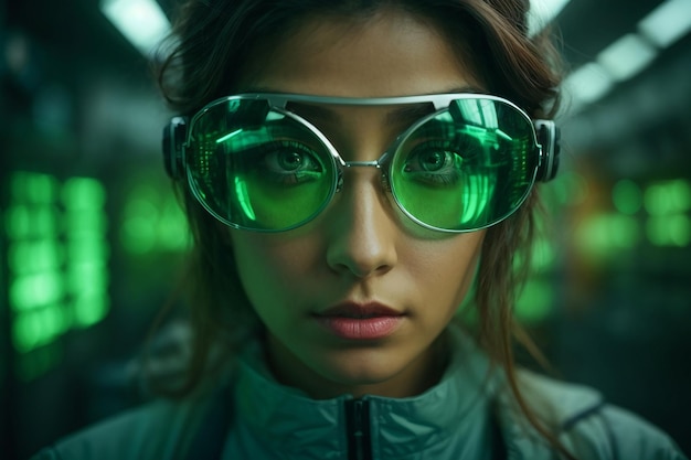 Mulher foco olho olhar sistema de ciência digital conceito visão futurista computador verde tecnologia pessoa humanAI gerado