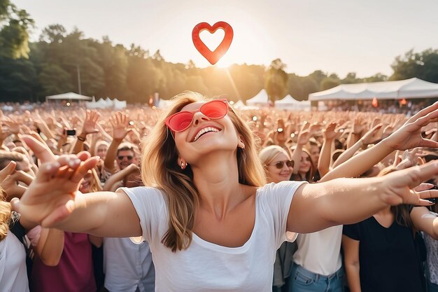 Foto mulher formando forma de coração com as mãos na multidão no festival de música de verão