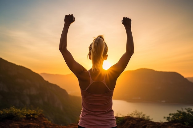 Foto mulher fortemente motivada a celebrar os objetivos de treino em direcção ao sol