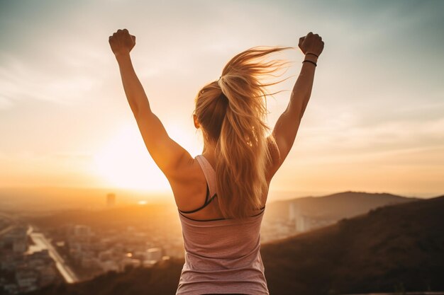 Mulher fortemente motivada celebrando objetivos de treino em direção ao sol