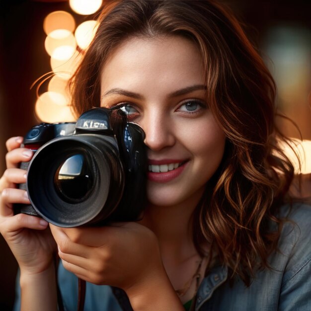 mulher fotógrafa com câmera sorrindo