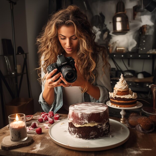 Mulher fotografando comida em um estúdio