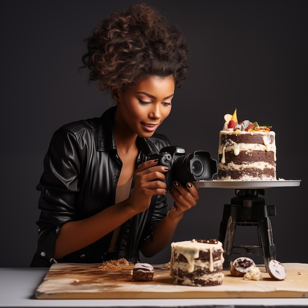 Mulher fotografando comida em um estúdio