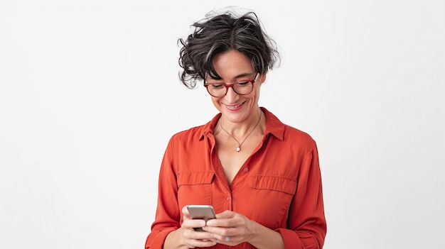 Foto mulher francesa absorta no telefone