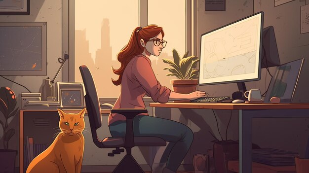 Mulher freelancer casual de trabalho remoto ou programação com gato no quarto relaxa do estresse com gripe