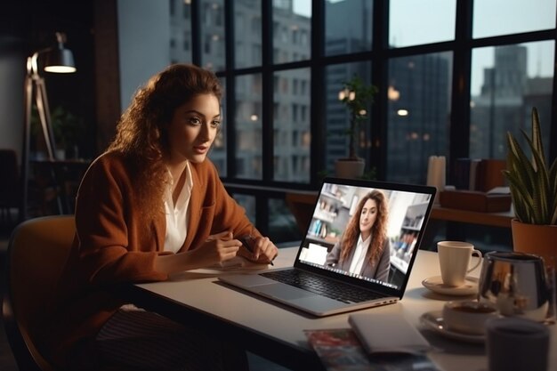 Foto mulher freelancer falando em videoconferência on-line com empresários