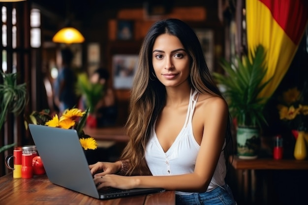 Mulher freelancer trabalhando com seu computador no café