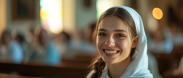 Mulher freira sentada na igreja branca sorrindo e enfrentando uma câmera