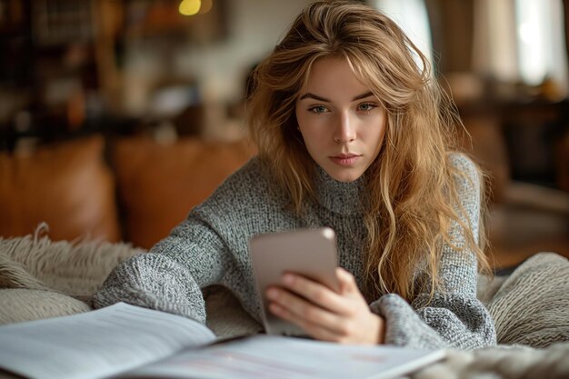 Foto mulher frugal a gerir as finanças através de uma calculadora móvel