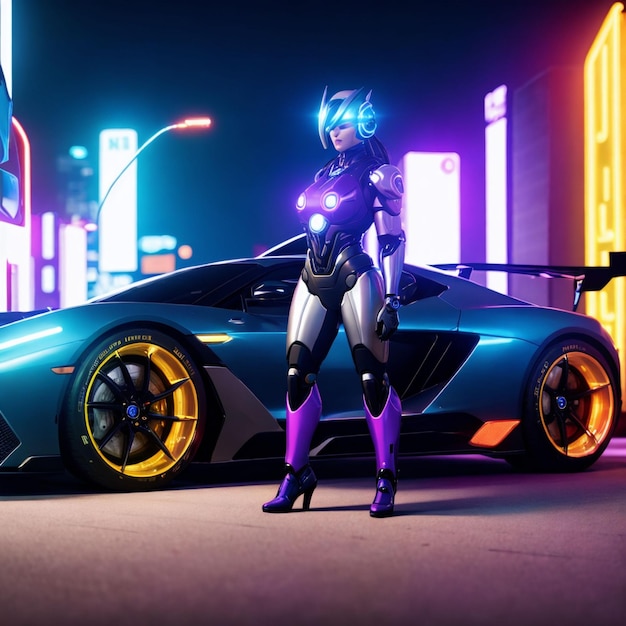 Mulher futurista de ficção científica vestindo armadura com arte generativa de carro de corrida por IA