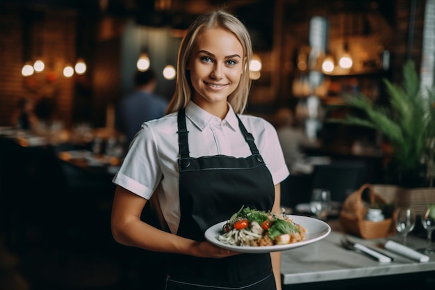 Mulher garçom trabalho sorriso retrato em pé olhando dentro de casa restaurante comida segurando Generative AI