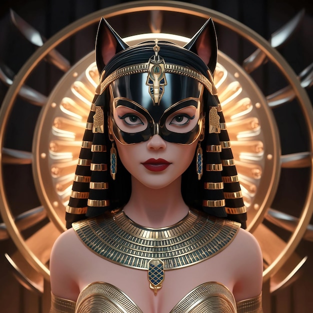 Foto mulher-gato egípcia antiga com jóias de ouro deusa egípcio antigo ilustração 3d
