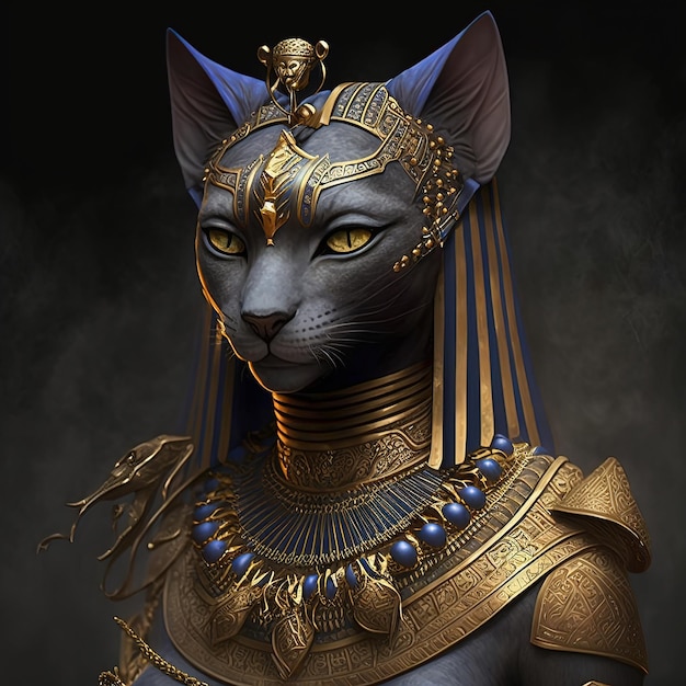 Mulher-gato egípcia antiga com joias de ouro Ilustração 3D da deusa egípcia antiga