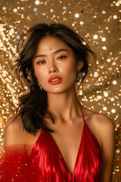 Foto mulher glamourosa de vestido vermelho com maquiagem cintilante com fundo de sequim dourado moda elegante