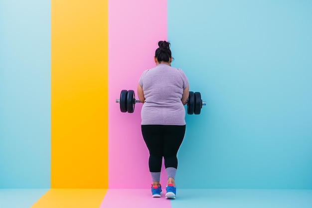 Foto mulher gorda a levantar halteres.